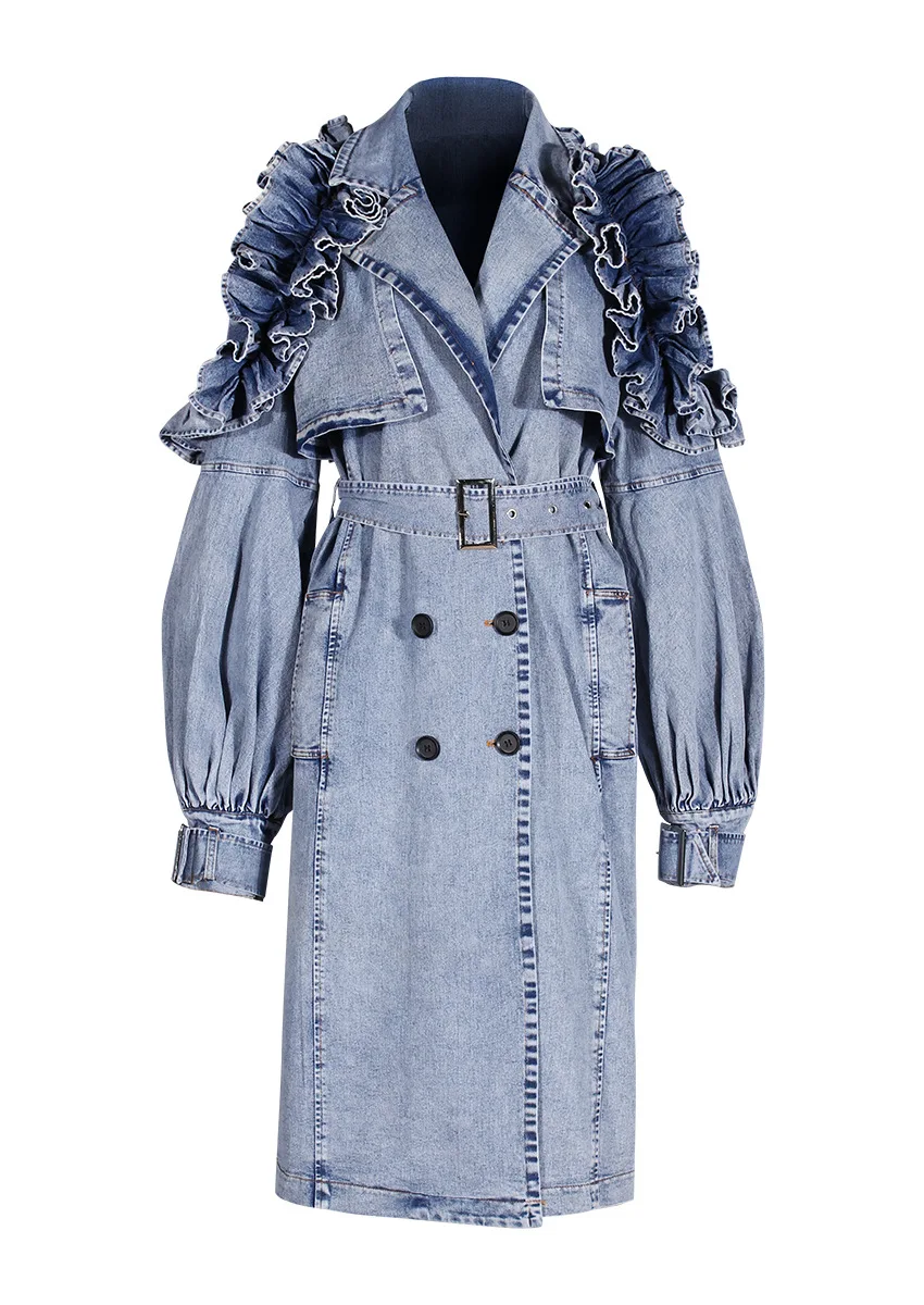 

Women's Slim-Fit Denim Ruffle Trench Coat Autumn Winter Fashion Overcoat New Collection
