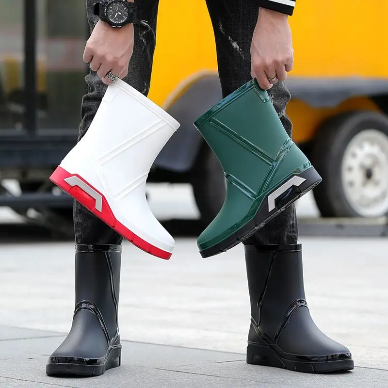 New Men Waterproof Rain Boots Non Slip Fleece Lined Mid Calf Drawstring Rubber Shoes Thick Sole for Kitchen Fishing Working