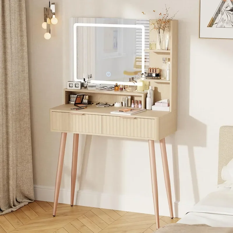 for Modern Minimalist Classic Log Color Ribbon Mirror Dresser with Visual Drawer Design and LED Light Factory Custom