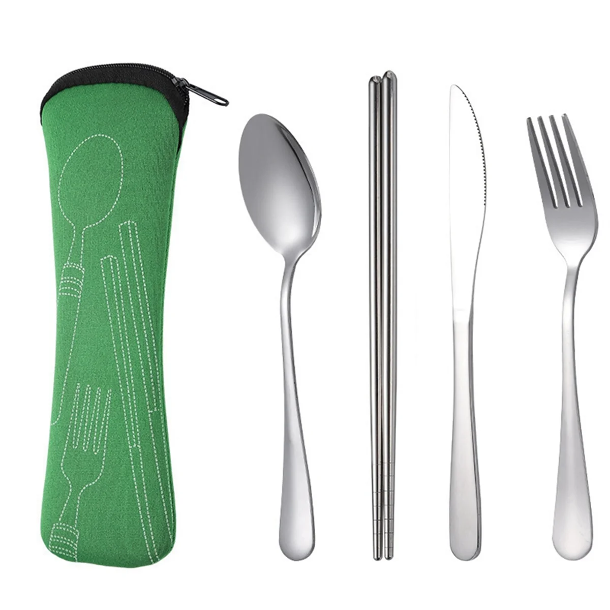 4Pcs Set Dinnerware Portable Stainless Steel Spoon Fork Steak Knife Set Travel Cutlery Tableware with Bag Green