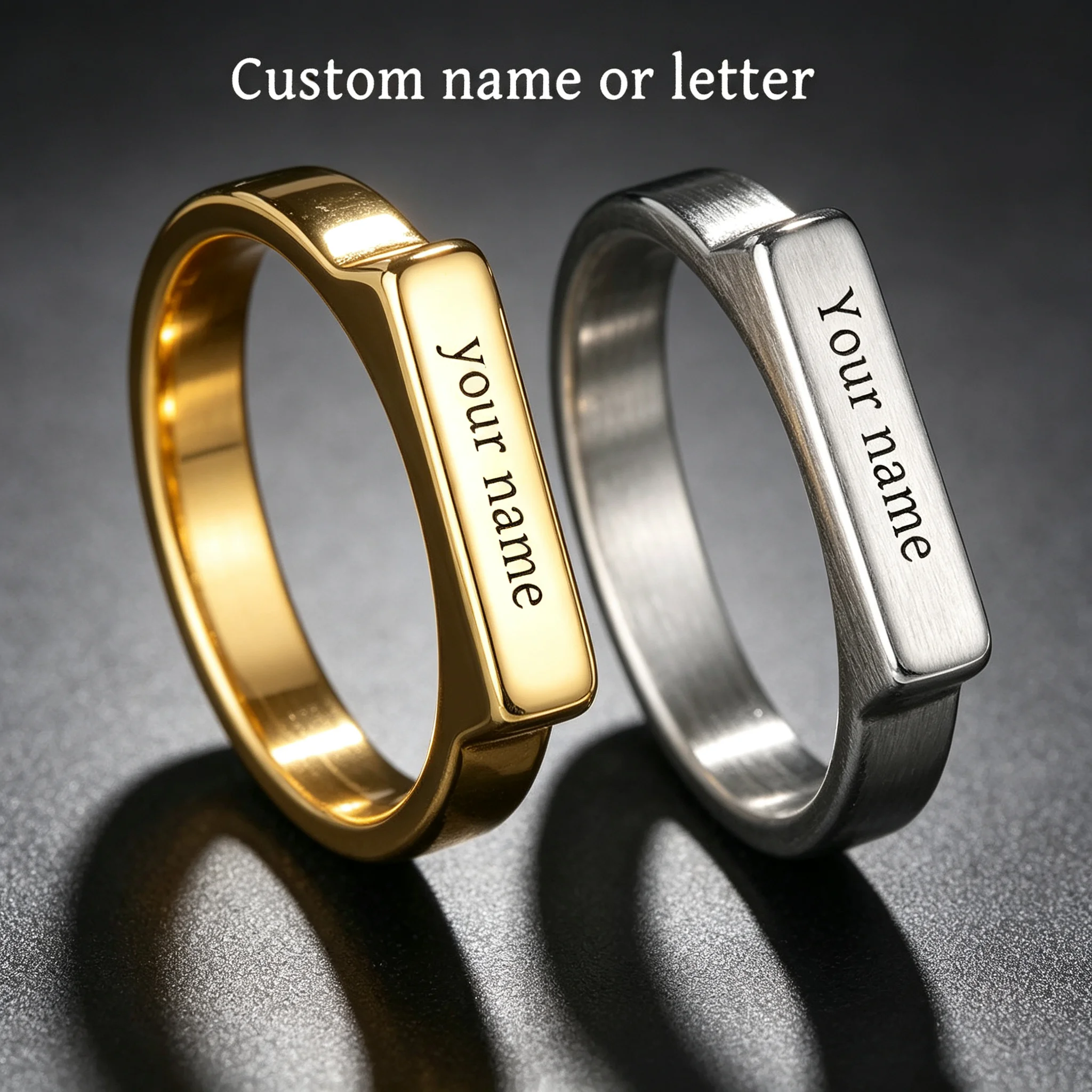 Custom Engraved Rectangle Ring Stainless Steel Personalized Name Date Rings For Women Lover Birthday Jewelry Gift