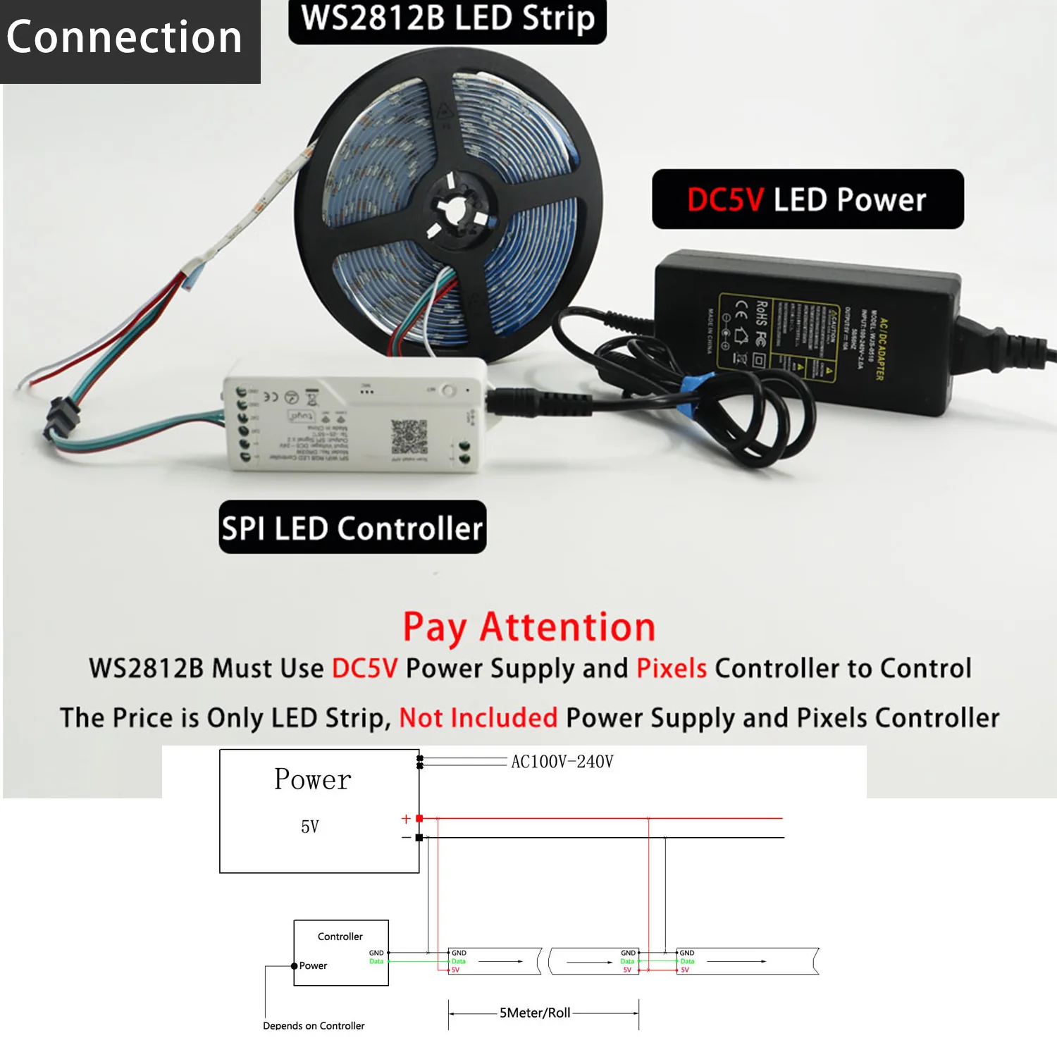 WS2812 SMD5050 Individually Addressable strip light 30 60 74 96 144 LEDS/M WS2812B Full color Programmable Pixels LED Lights 5V