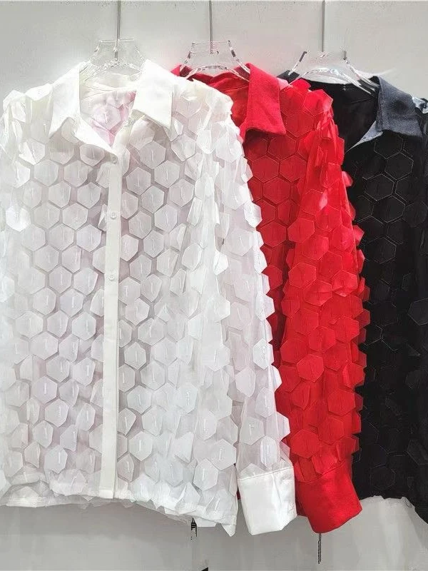 

Шикарная сексуальная прозрачная женская блузка с 3D цветочным дизайном, модная корейская свободная модель с длинным рукавом для повседневной носки весной