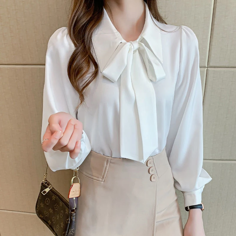 White Elegant Chic Bow Work Wear Korean Fashion Blouse Top Women Spring Autumn Lapel Long Sleeve Button Up Shirt Chemisier Femme