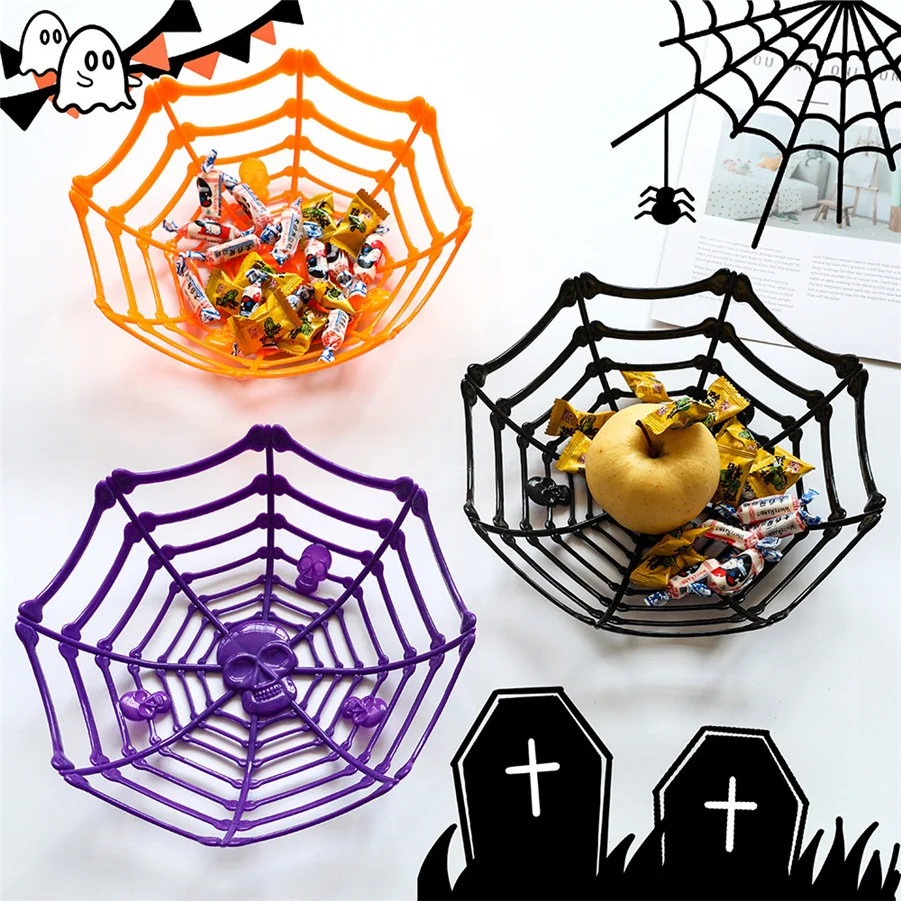 A Halloween Skull Fruit Basket Skull Spider Web Desktop Candy Storage Basket Fruit Plate Restaurant Bar Decoration