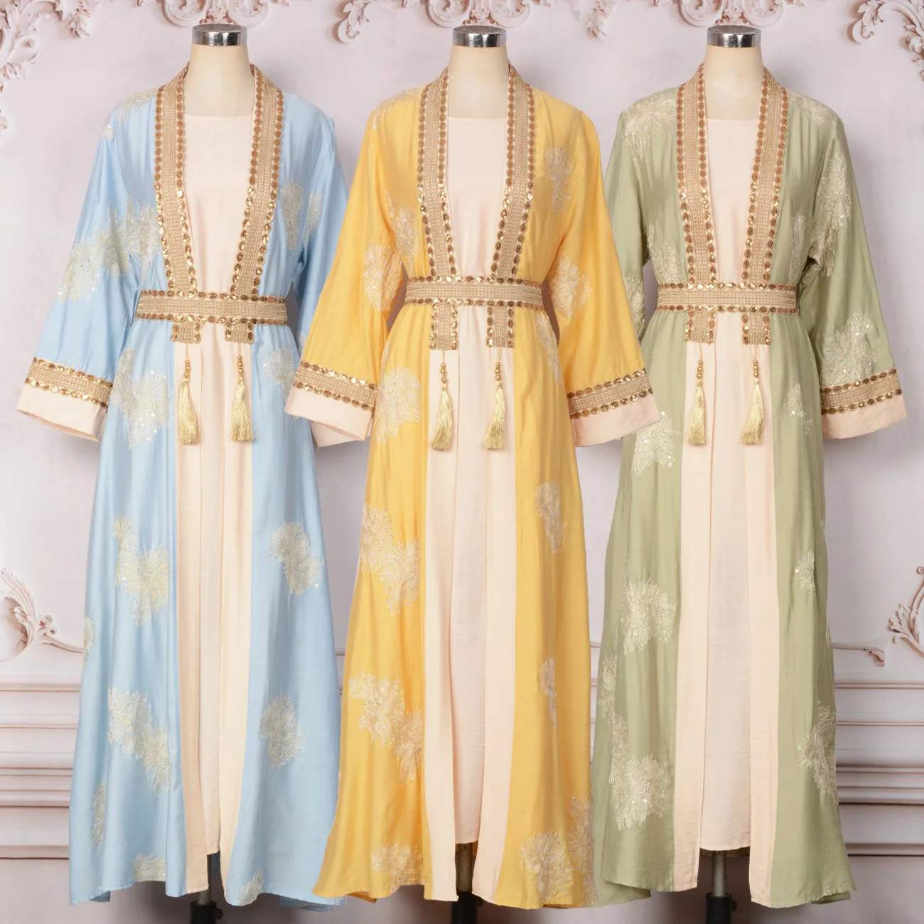 Ramadan Eid Luxury Khaleeji Moroccan Kaftan Dress Set: O Neck Sleeveless Dress, Applique&Embroidery&Tassel Charm Accents Kaftan