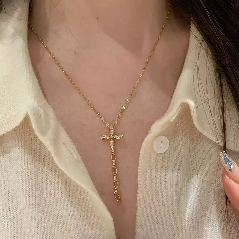 

S925 Sterling Silver Clover Zircon Cross Tassel Pendant Necklaces for Women Fine Jewelry Light Luxury Minimalist Accessories