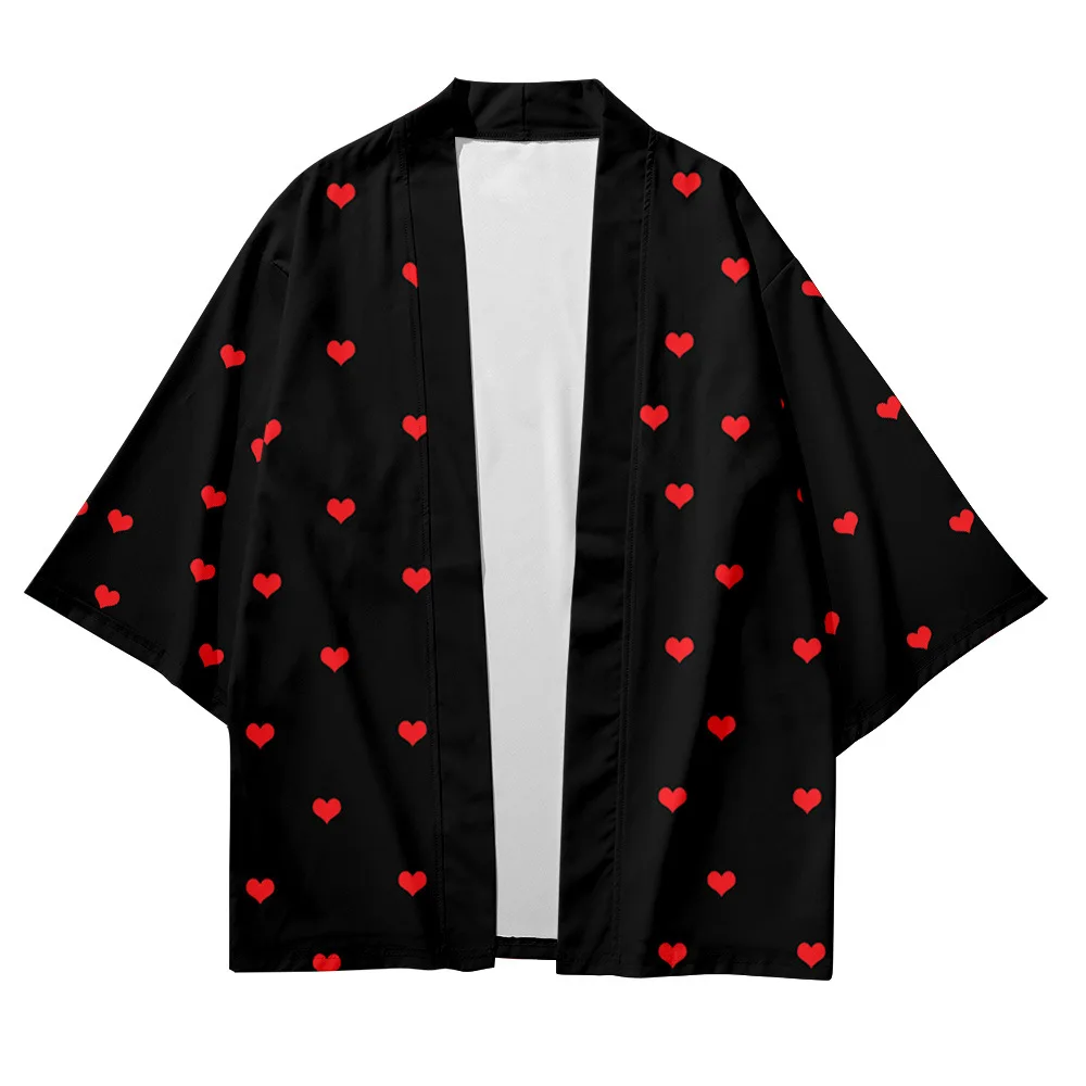 

Red Heart Print Japanese Cartoon Beach Kimono Streetwear Men Women Cardigan Cosplay Haori Yukata Harajuku Tops Robe Clothes