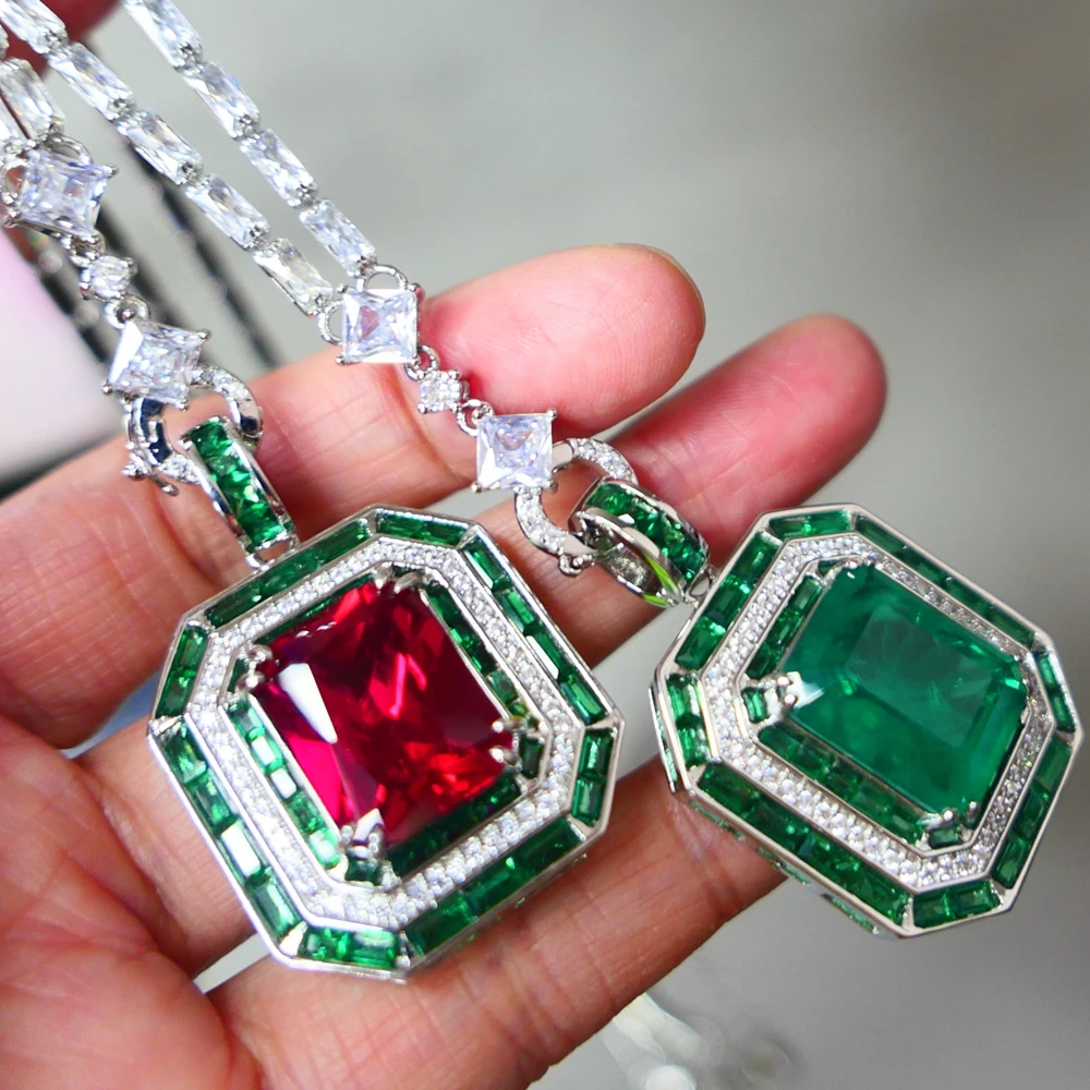 KQDANCE Rectangle 12*16mm Lab Green Gem Emerald Red Ruby Diamond Pendants Zircon Tennis Chain Necklace Luxury Jewelry For Women