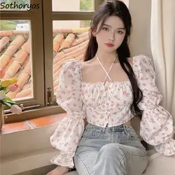 Floral Blouse Women Puff Sleeve Chic Sweet Girlish Crop Clothing Gentle Korean Style Popular Summer Aesthetic Design Mujer Basic