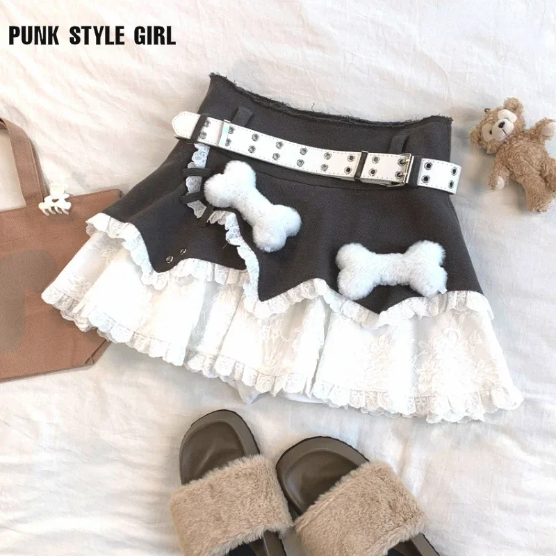 Women 90s Cute Plush Bone Lace Patchwork Mini Skirt Japanese Kawaii Lolita Cake Skirt Cute Y2k High Waist A-line Shorts Skirt