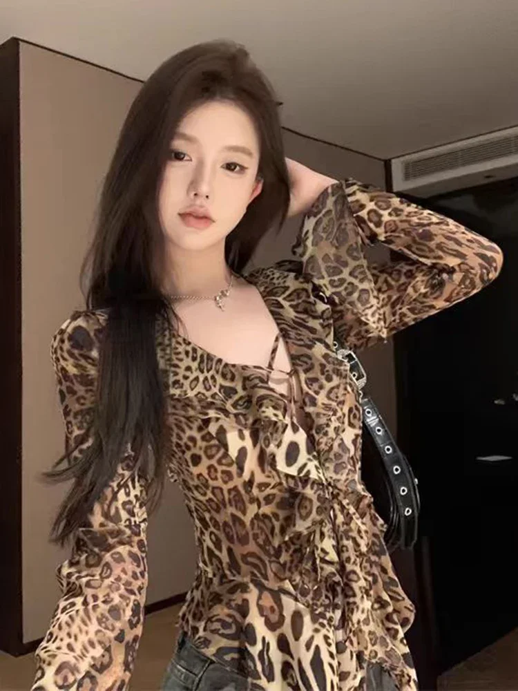 Seksowna bluzka damska z szyfonu w panterkę, vintage, rozkloszowane rękawy, dekolt w serek, codzienna, amerykańska, dopasowana, streetwear, topy damskie Y2k na wiosnę.