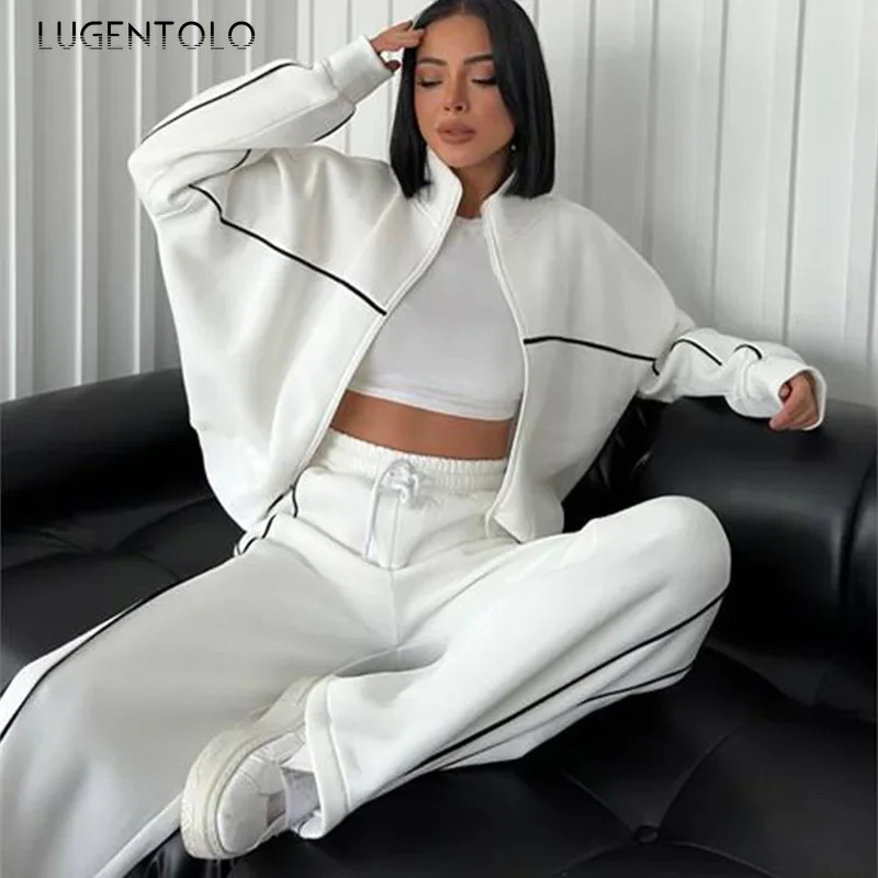 Women Sweatshirt 2-piece Set Half-neck Zip Tops Oversized Cardigan Jacket Striped Wide-leg Sweatpants Fashion Party Wear