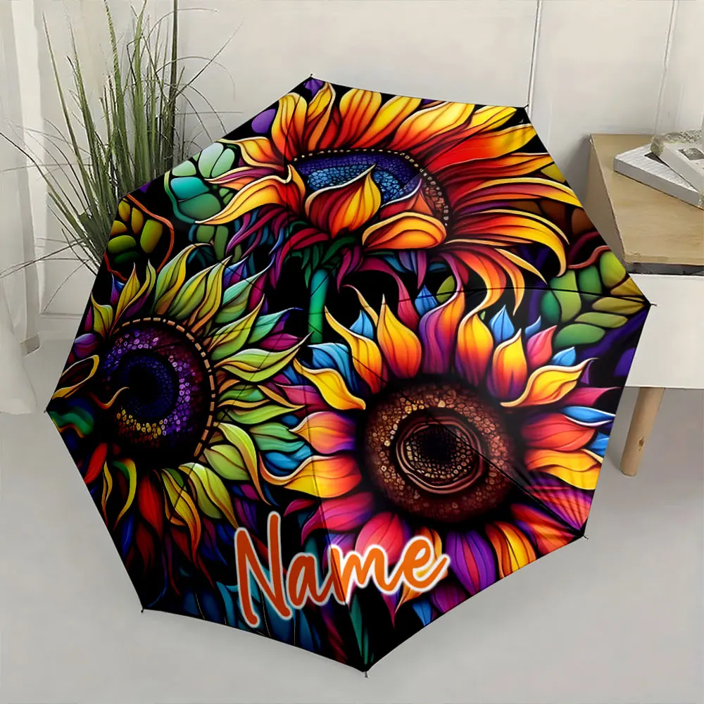 Custom Name Colorful Umbrella with Artistic Sunflower Design Print 8 Iron Ribs Folding Umbrella, Auto-Open Fashion Sunshade