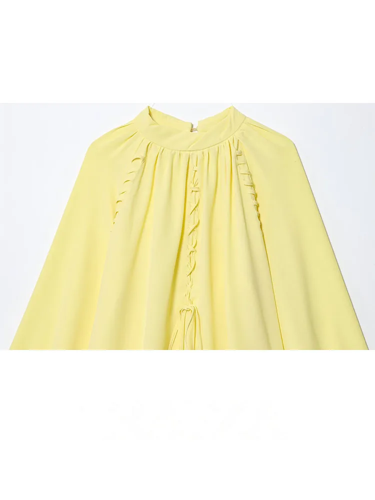 HH Women's Fashion Shirts Yellow O-Neck Lantern Long Sleeves Bow Lace-Up Decoration Female Autumn Casual Loose Blouses
