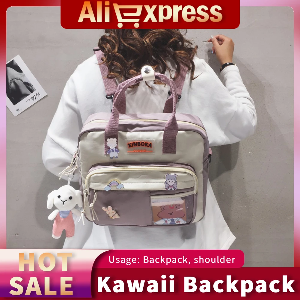 

Kawaii Korean Japanese Style Shoulder Backpack Students Schoolbag W/ Badges Messenger Tote Bags Travel Rucksack for Teens Girls
