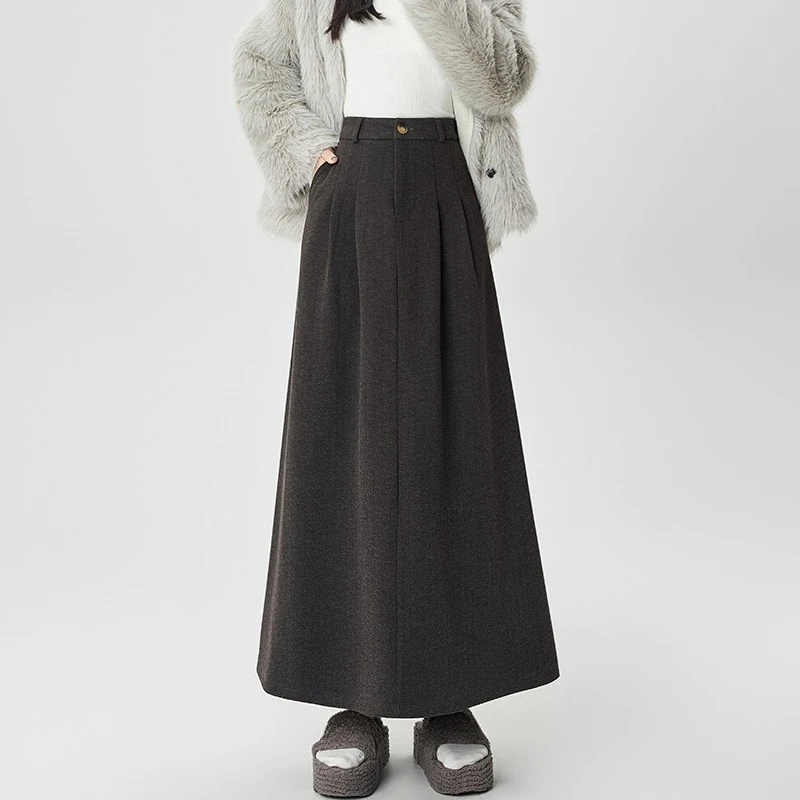 Seoulish Autunm Winter Vintage Woolen Women's Umbrella Long Skirts 2025 New High Waist Korean Casual Loose A-line Skirts Female