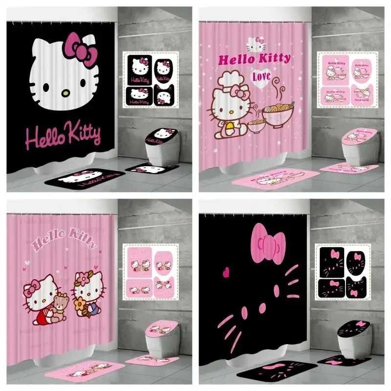 Кавайная занавеска для душа Hello Kitty, комплект из четырех предметов, занавеска для душа Sanrio с рисунком из аниме, U-образный коврик, водостойкая Новинка