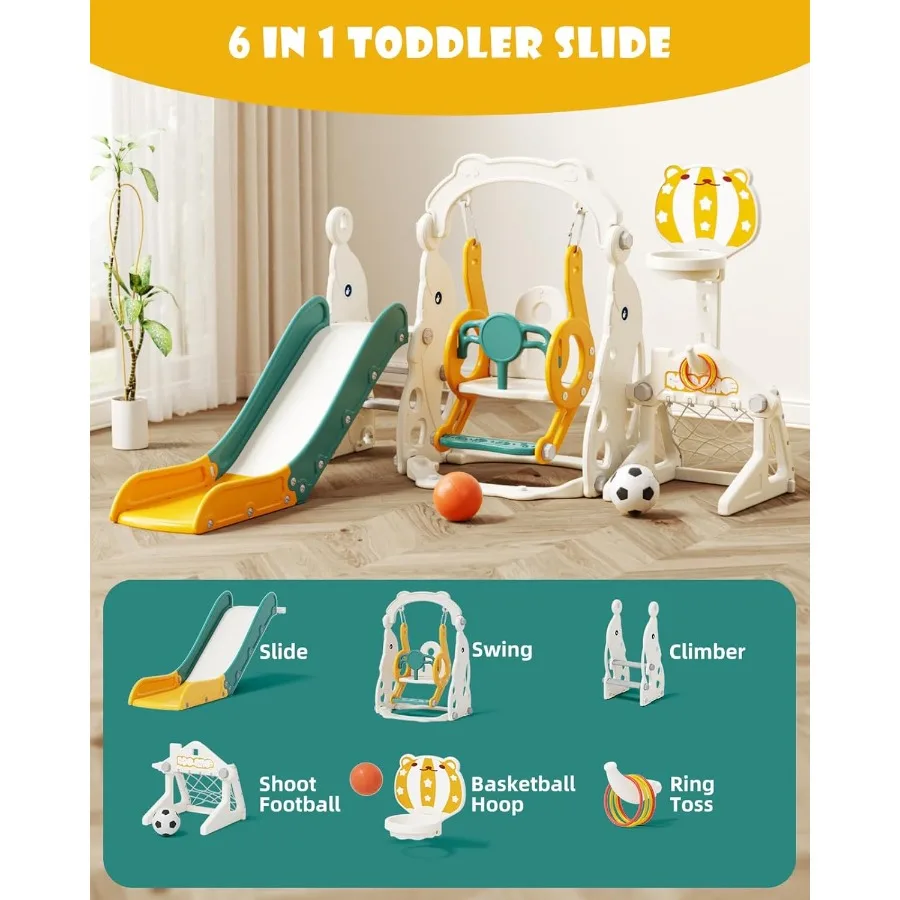 Ensemble toboggan et balançoire 6 en 1 pour tout-petits, ensemble de jeu d'extérieur pour tout-petits, 13 jouets grimpeurs pour bébés de 1 an, toboggan d'intérieur