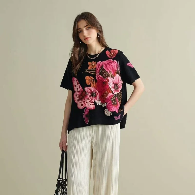 Miyake Sommer Neues Bedrucktes Kurzarm-T-Shirt Locker Lässiges Plissiertes Stretch-Oberteil Damen Einfach Elegant Übergröße Bügelfrei Kleidung