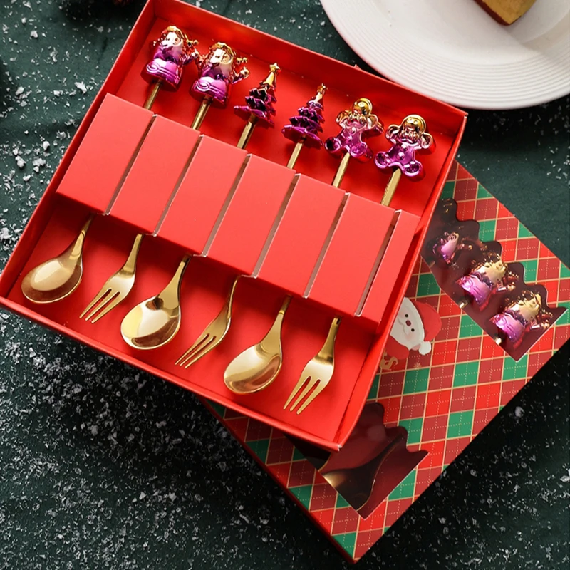 2/4/6PC Christmas Tableware Stainless Metal Glitz Doll Coffee Dessert Spoon Fruit Fork Xmas Gift Santa Claus Decoration Spoon