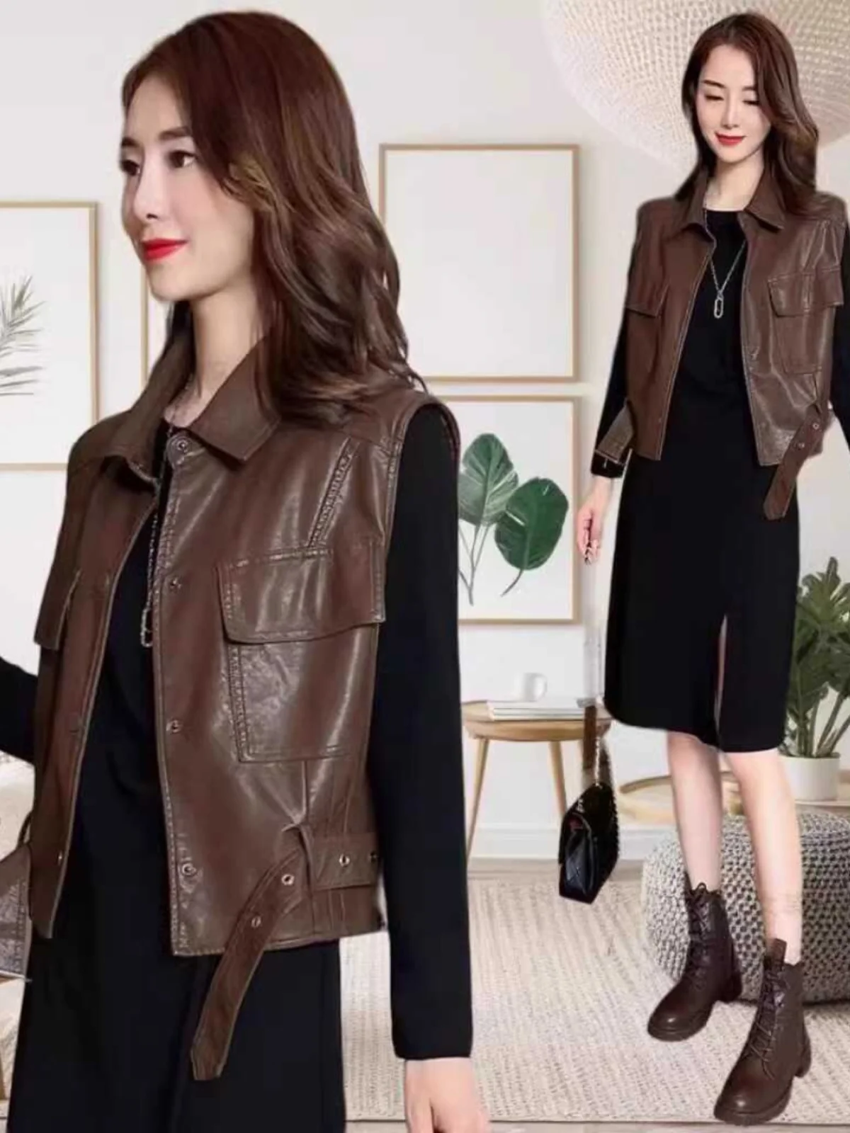 Gilet Retro Stile Hong Kong per Donna, Giacca Senza Maniche Alla Moda Anti-Età, Gilet in Pelle PU Trendy per l'Inizio Autunno, Novità...