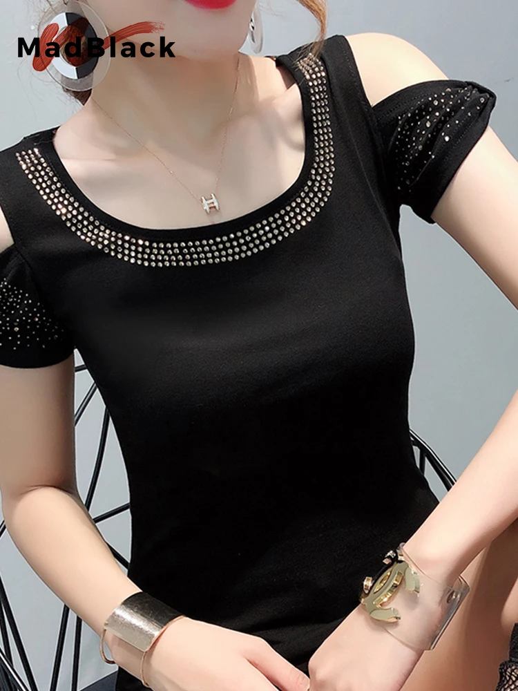 MadBlack Summer European Clothes Knit T-Shirt Sexy Glitter Luxury Rivets Women Slim Tops Short Sleeve Tees 2023 T33011X