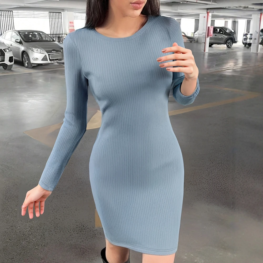 Mia Muse Women'S Dresses All Seasons Fitting Slim Basics Blue Long Sleeve Round-Neck Regular Fashion Mini Dresses