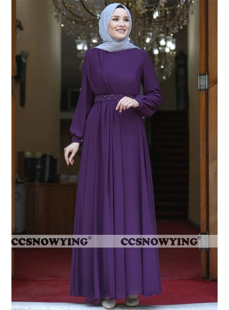 

Chiffon Beaded Evening Dress Long Sleeve High Neck Islamic Prom Dress Arabia Dubai Formal Party Gown Hijab Robe De Soiree