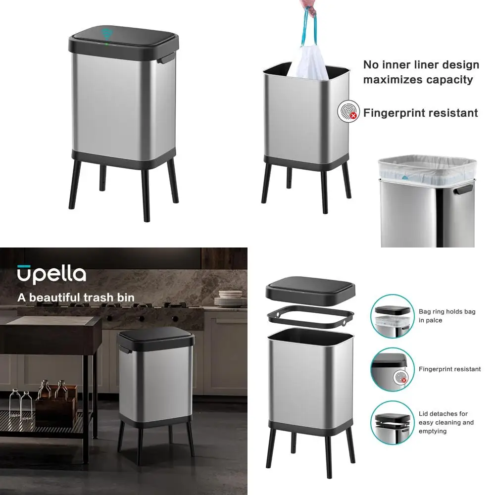 

Stainless Steel Touchless Sensor Trash Can, 10.5 Gallon, Wide Rectangular, Brushed Finish, Automatic Lid, Raised Legs for Easy U