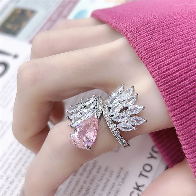 S925 silver high-end water-drop pink zirconium wing ring for women, open style accessory, fashionable and elegant.