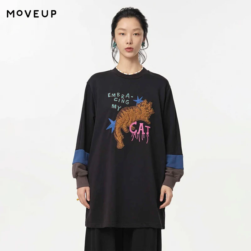 MOVEUP Long Sleeved Commuting Sweatshirt Autumn Cat Letter Embroidery Contrasting Splicing Sleeve Design Top For Women 324310506