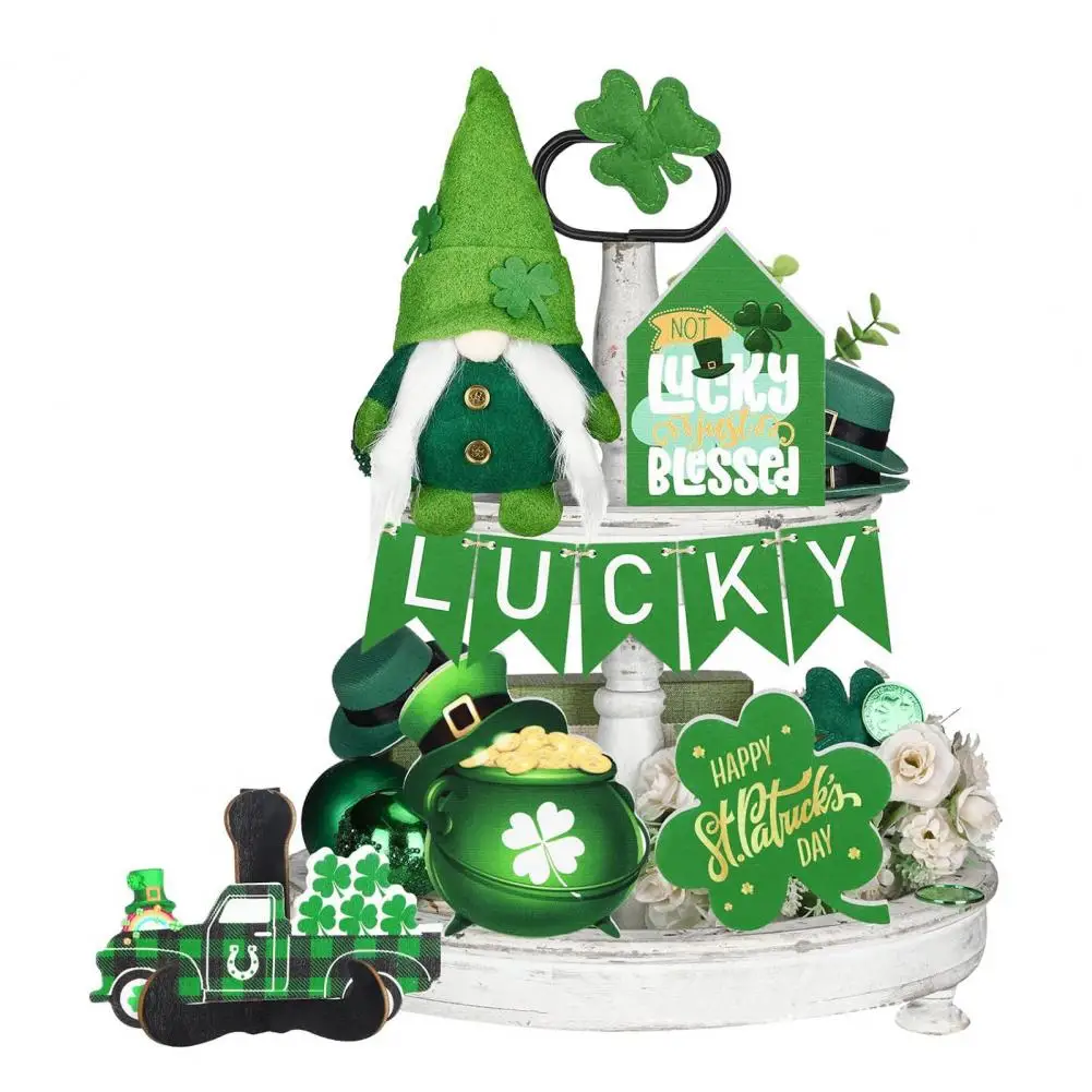 Wooden Tiered Tray Set St Patricks Day Rustic Wood Green Lucky Grass Sign Gnome Doll Tray Ornament Irish Festival Party Counter