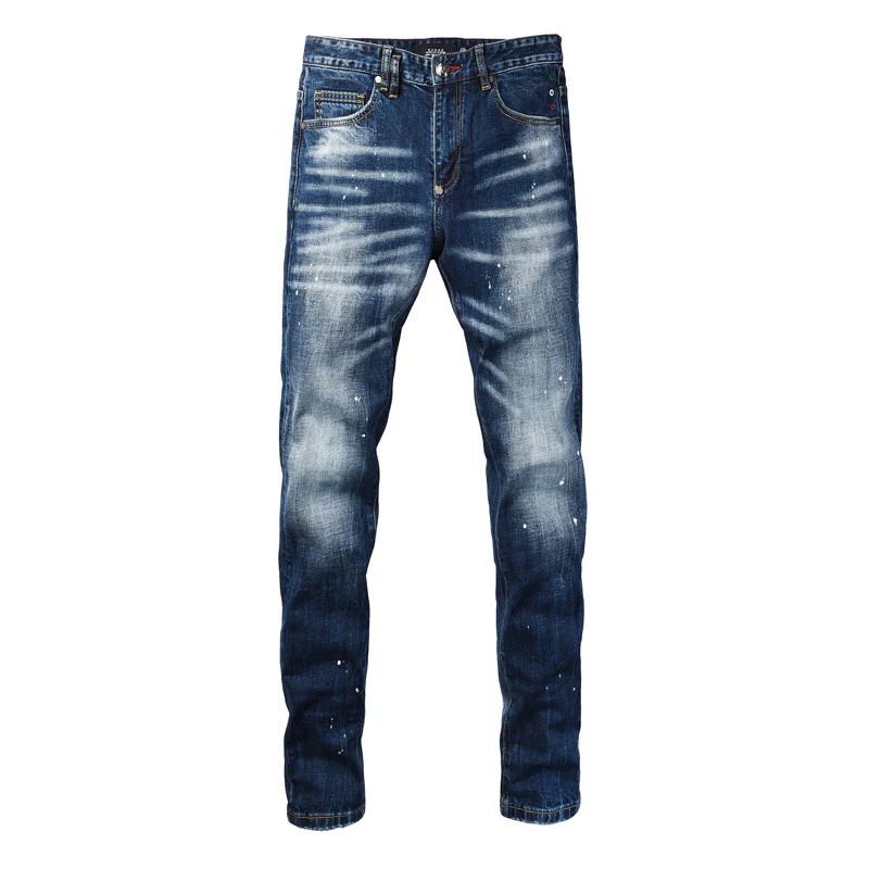 Fashionable new men's jeans stretch slim fit washed nostalgic blue jeans high street hip-hop brand pants Y2K