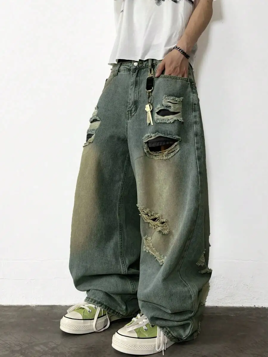 

Mens Washed Wide-Leg Distressed Denim Jeans, Loose Fit, No Belt Included