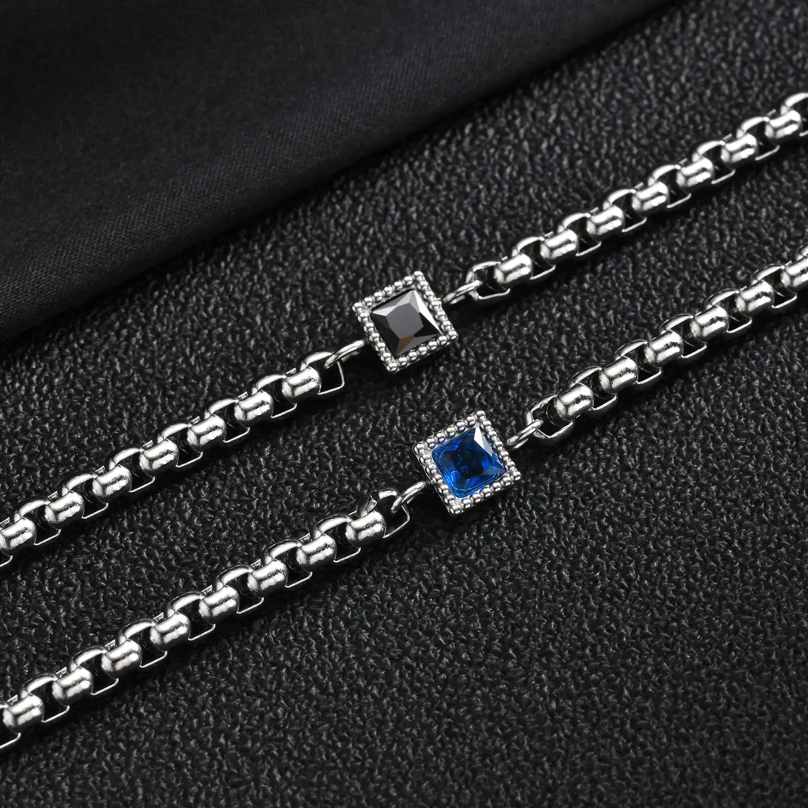 Vnox Men's Square Black Blue Zircon Box Chain Bracelet, Stainless Steel Adjustable 18-23cm Link Wristband, Fashion Jewelry Gift view 4