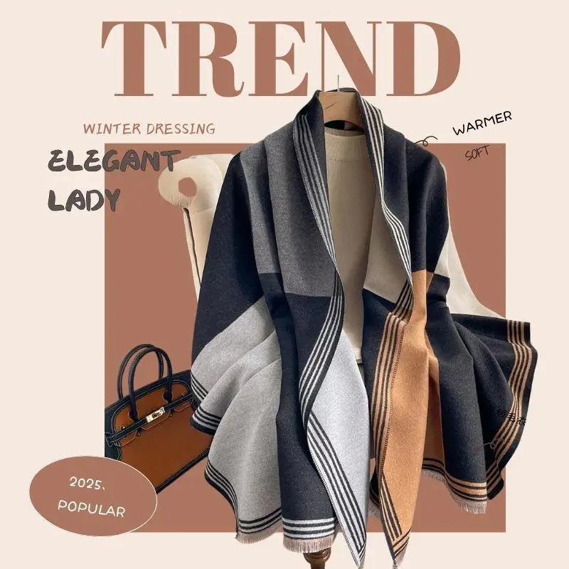 

Зимние толстые мягкие шарфы, одеяло, шарф, шали для женщин, кашемировые теплые шали, накидки, хиджаб, уличный полосатый шарф с цветными блоками