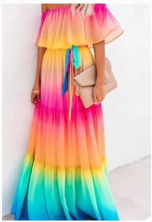 

Women's Versatile Drawstring Waist Maxi Dress Ombre Design Off-Shoulder Detail Fashionable Dress