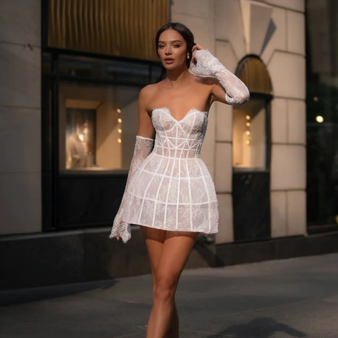 أماندا مخصص الأكمام البيضاء حمالة عارية الذراعين فستان حفلة موسيقية الزهور الدانتيل vestidos de noche تنورة صغيرة مساء رسمي 2025