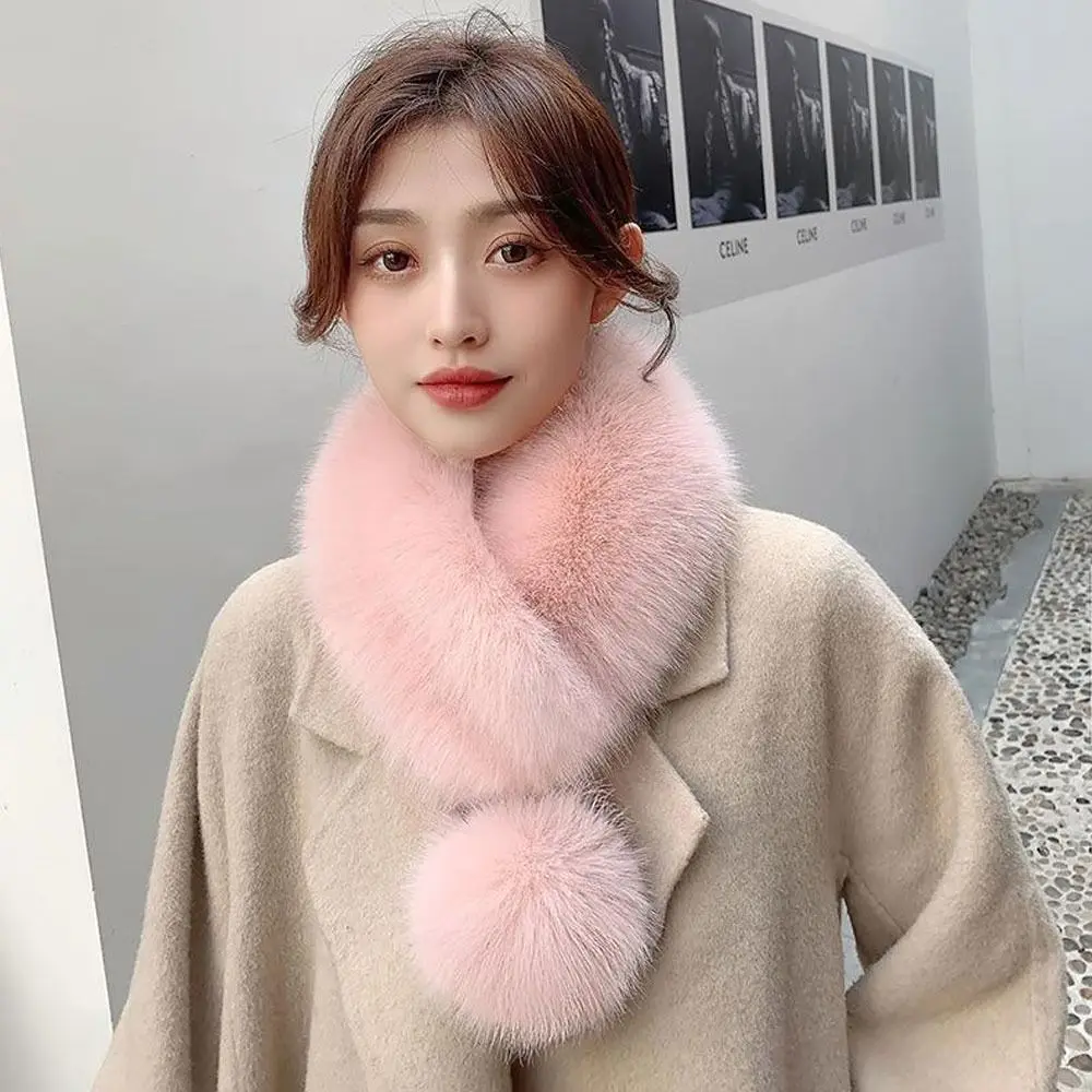 

Solid Soft Warm Women Scarf Fur Collar Imitation Fur Scarf with Pompom Artificial Wool Bib