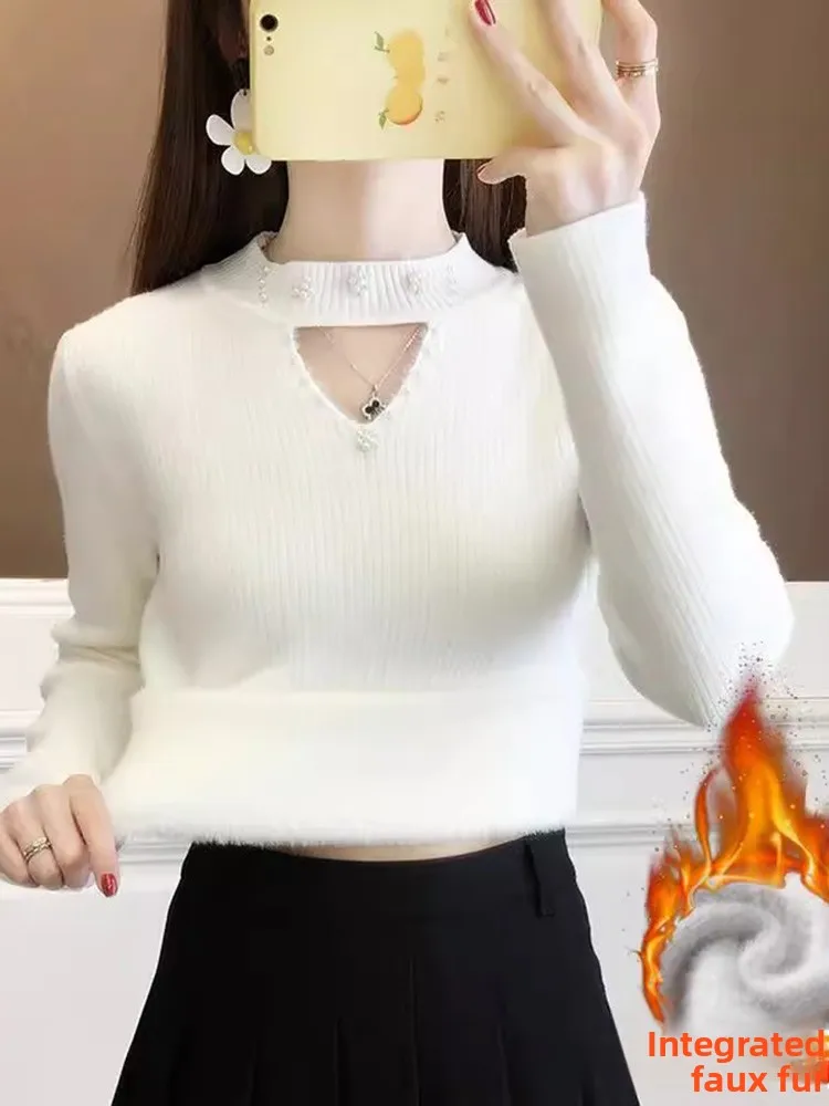 

Женский модный утепленный свитер с высоким воротником, цельный, из флиса, базовый слой, внутренняя одежда, вязаная кофта, зима 2024