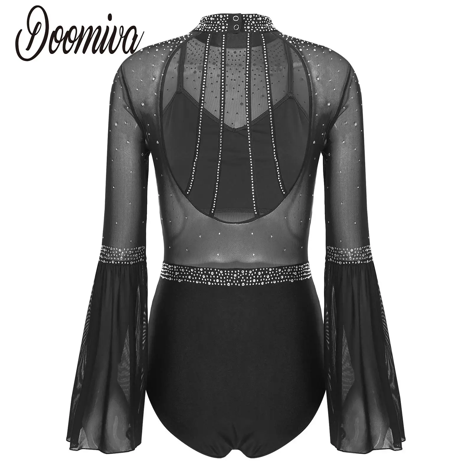 

Women Flare Sleeve Figure Skating Costume Shiny Rhinestones Mesh Rhythmic Gymnastics Bodysuit Dance Unitard Performance Leotards