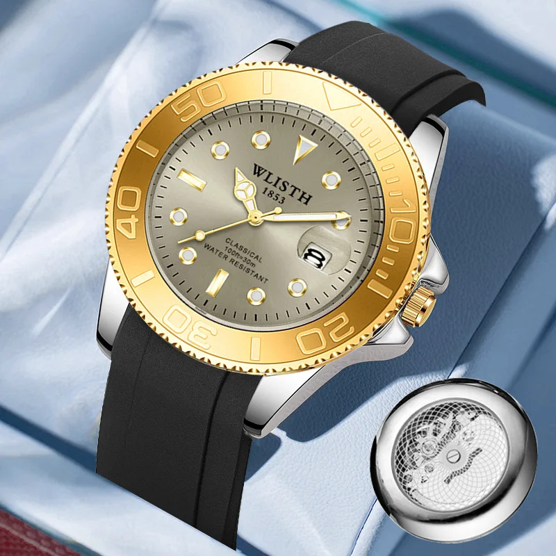 

Hot Sale Swiss Style Gold Men’s Quartz Watch with Calendar, Skeleton Transparent Back, Business Fashion Watch