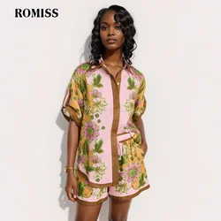 ROMISS Printing Two Piece Sets For Women Lapel Short Sleeve T Shirt High Waist Spliced Lace Up Shorts Chic Set Female 2024