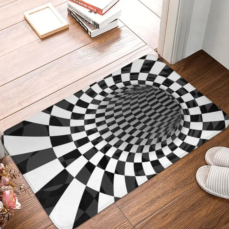 Black White Abstract Swirl Trap Floor Door Bathroom Mat Anti-Slip Indoor Geometric Optical 3D Vortex Doormat Entrance Rug Carpet