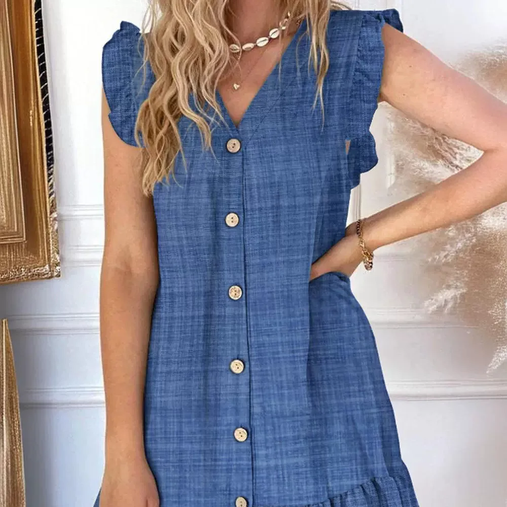 

Women Dress Mid Length Dresses Solid Ruffles Slim Fit V Neck Sleeveless Elegant Splice Single Breasted Vestidos Casual Summer