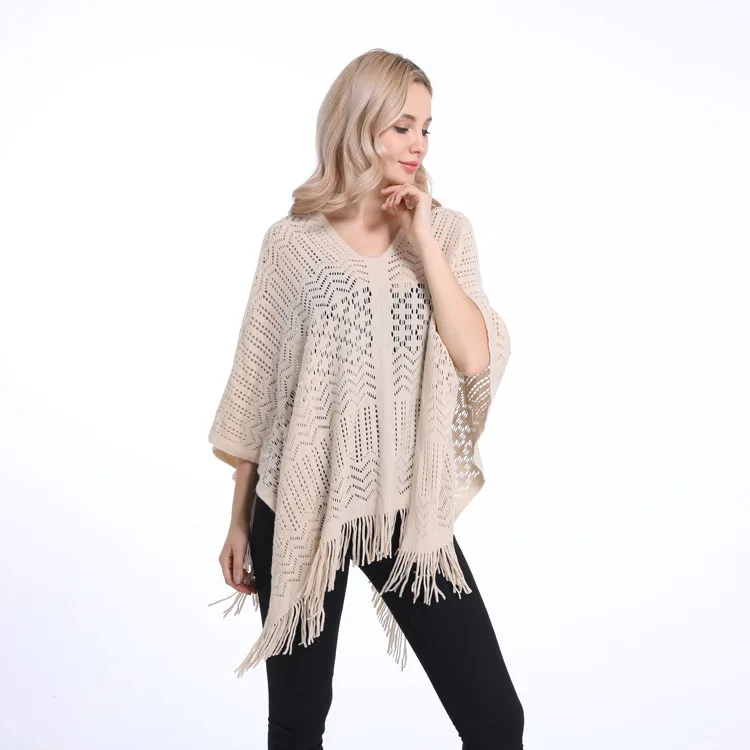 

Spring Autumn New Double-layer Irregular Shawl Hollowed Out Tassel Lattice Cloak Versatile Loose Pullover Poncho Beige