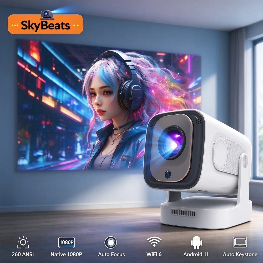 Native 1080P Projector 260ANSI 4K Decoding Auto Focus Android 5W Speaker Air Mouse Voice Assistant Upgraded Home Outdoor Cinema