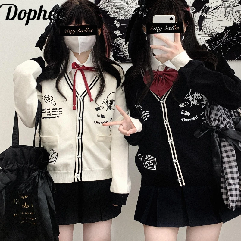 

Dophee Original Preppy Style Subculture Uniform Cardigan Autumn Winter Long Sleeve Knitted Sweater School Students V-neck Tops
