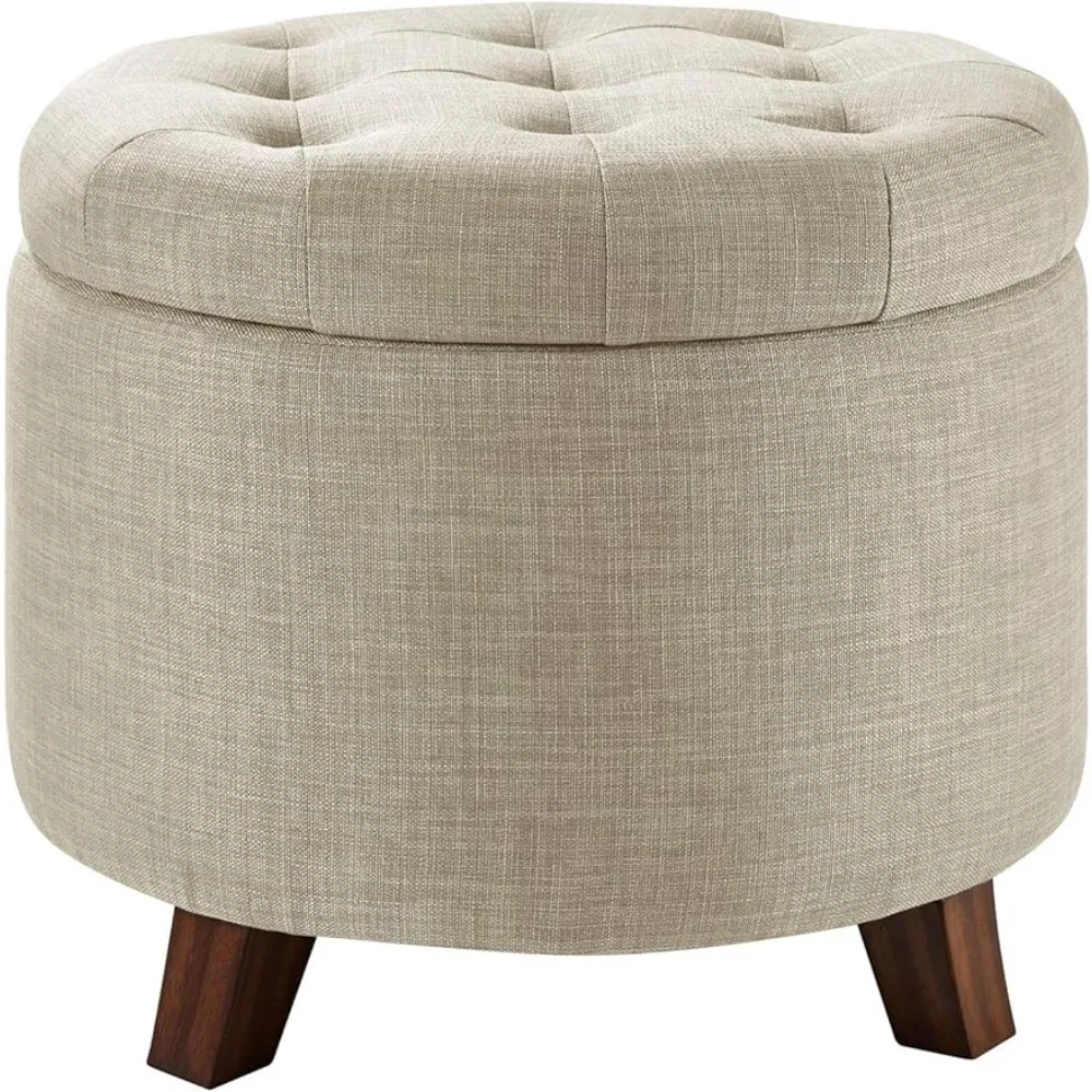 Upholstered Tufted Storage Round Ottomans, Burlap Beige, ‎20